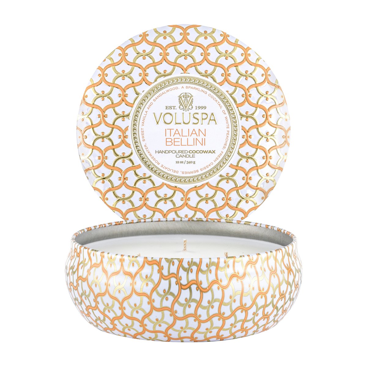Voluspa Maison Blanc 3-wick Tin scented 40 hours Italian Bellini
