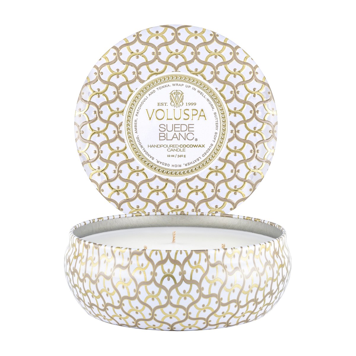 Voluspa Maison Blanc 3-wick Tin scented 40 hours Suede Blanc