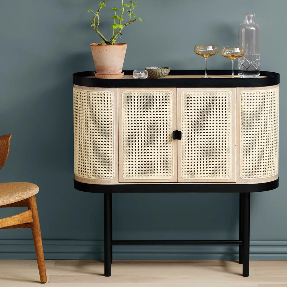 Be My Guest bar cabinet, Rotting. White oiled oak. black steel stand Warm Nordic