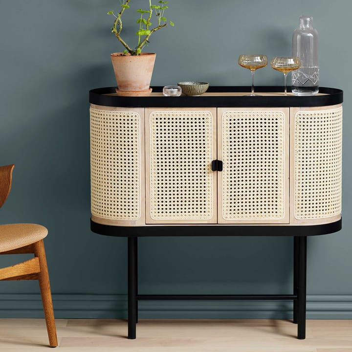 Be My Guest bar cabinet, Rotting. White oiled oak. black steel stand Warm Nordic