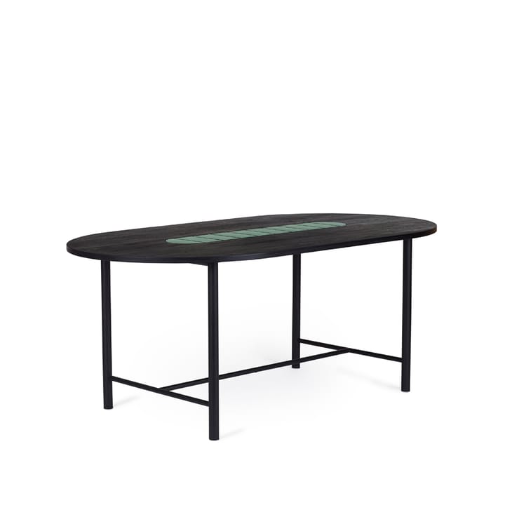 Be My Guest dining table, Oak black oil black steel stand. green ceramic. 100x180 Warm Nordic