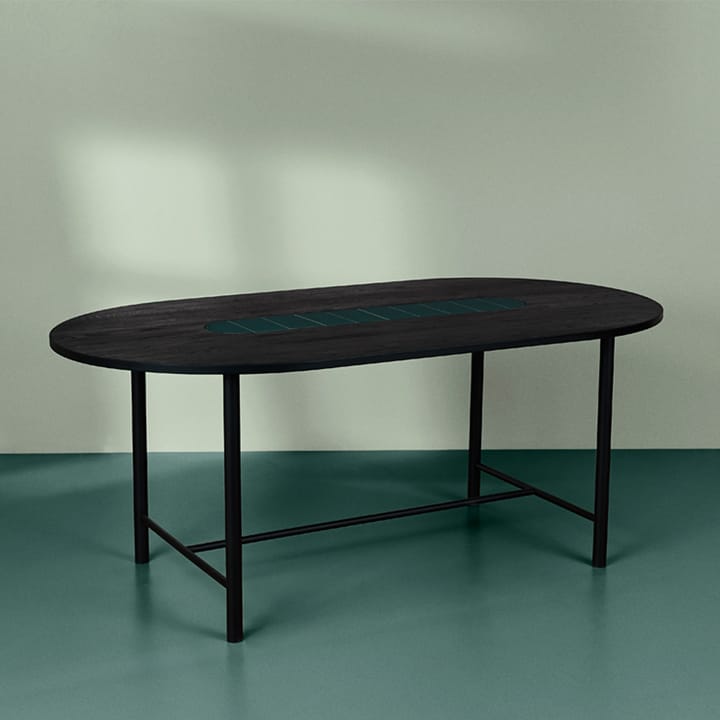 Be My Guest dining table, Oak black oil black steel stand. green ceramic. 100x180 Warm Nordic