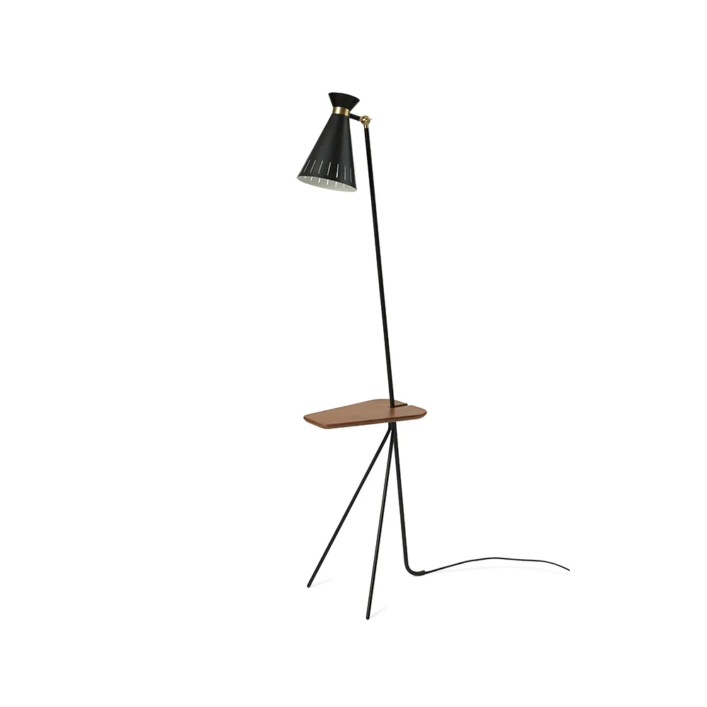Cone floor lamp, Black noir, teak table, brass details Warm Nordic