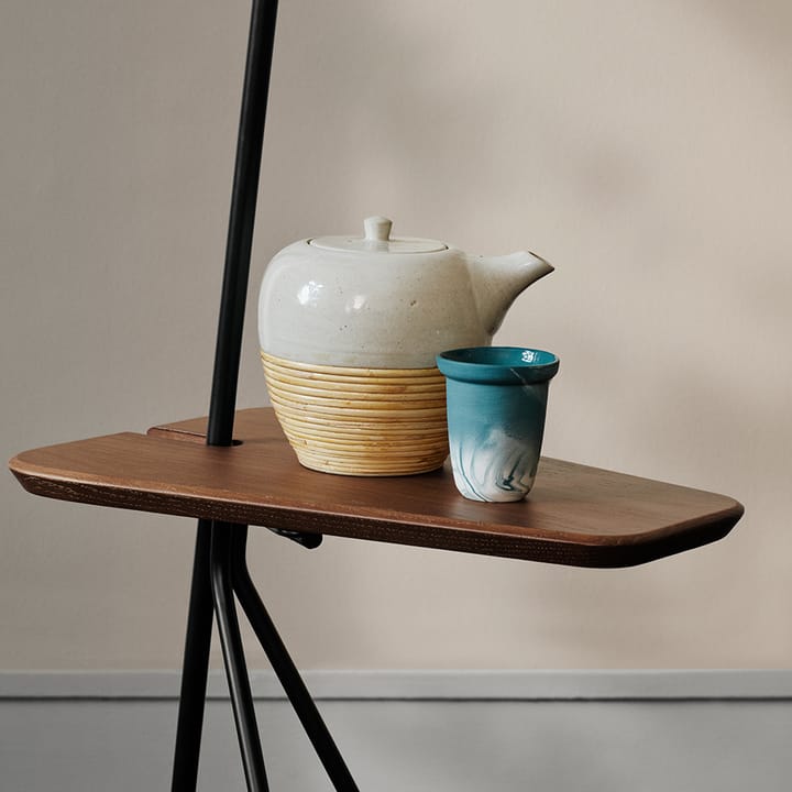 Cone floor lamp, Black noir, teak table, brass details Warm Nordic