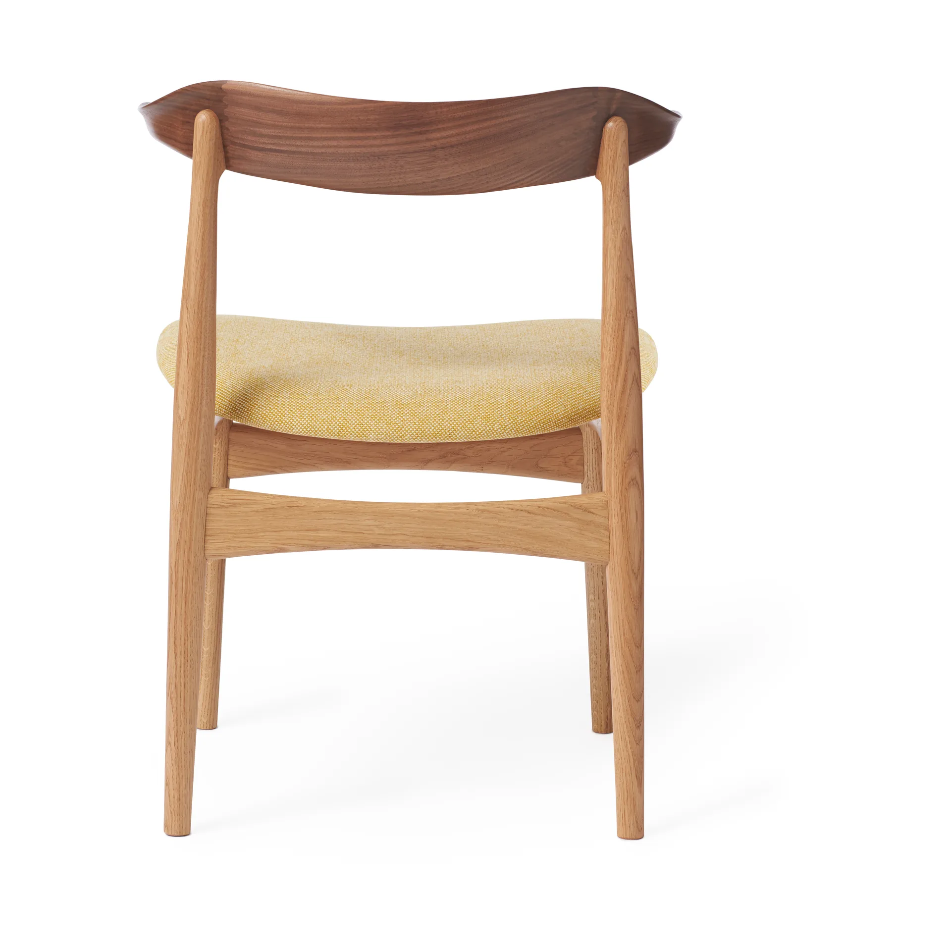 Cow Horn chair, Fabric vanilla, white oiled oak structure, walnut backrest Warm Nordic