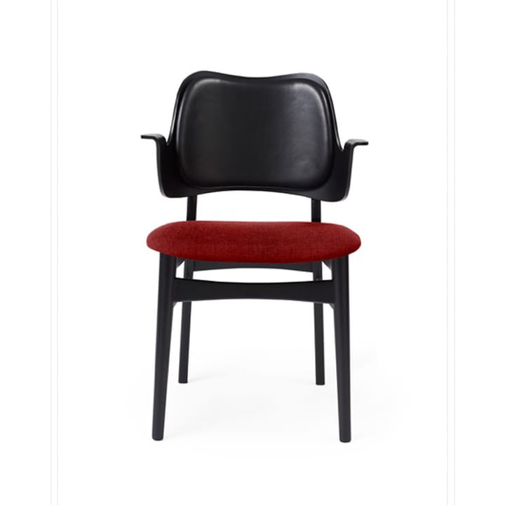 Gesture chair, upholstered seat and back - Fabric brick red, leather backrest, black lacquered beech legs - Warm Nordic