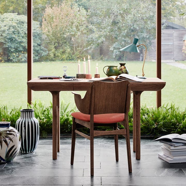 Gesture chair, upholstered seat and back - Fabric brick red, leather backrest, black lacquered beech legs - Warm Nordic