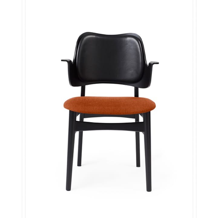Gesture chair, upholstered seat and back - Fabric rusty rosé, leather backrest, black lacquered beech legs - Warm Nordic
