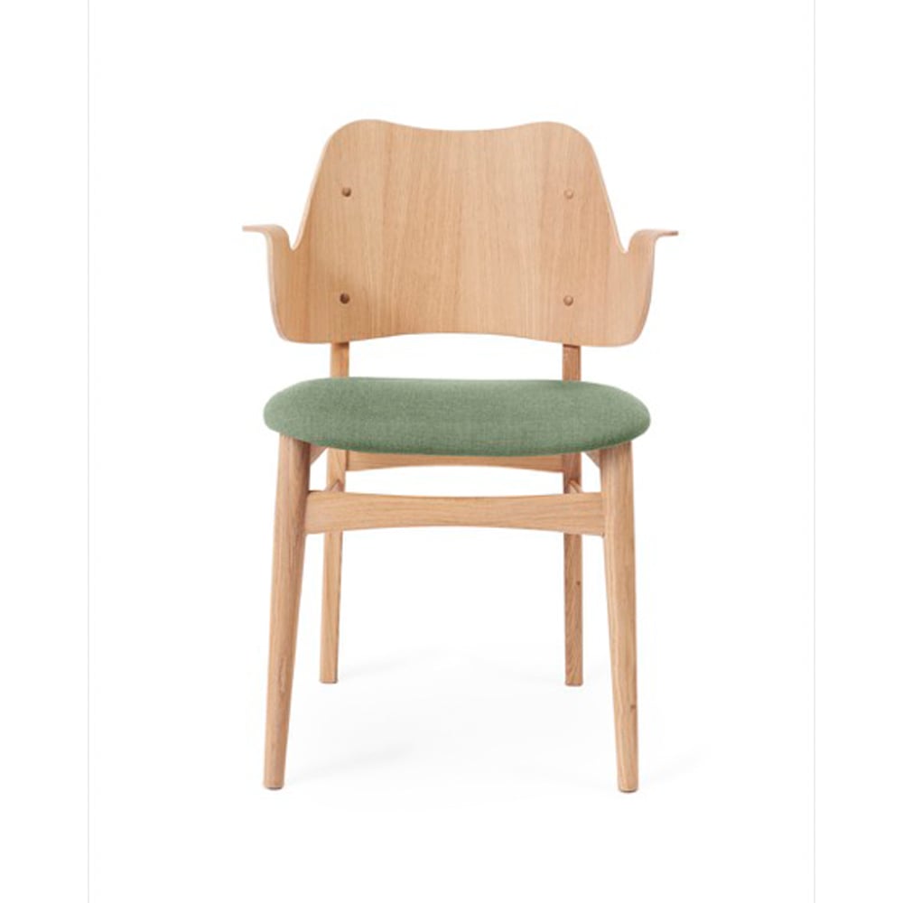 Warm Nordic Gesture chair, upholstered seat Fabric canvas 926 sage green, white oiled oak legs, upholstered seat