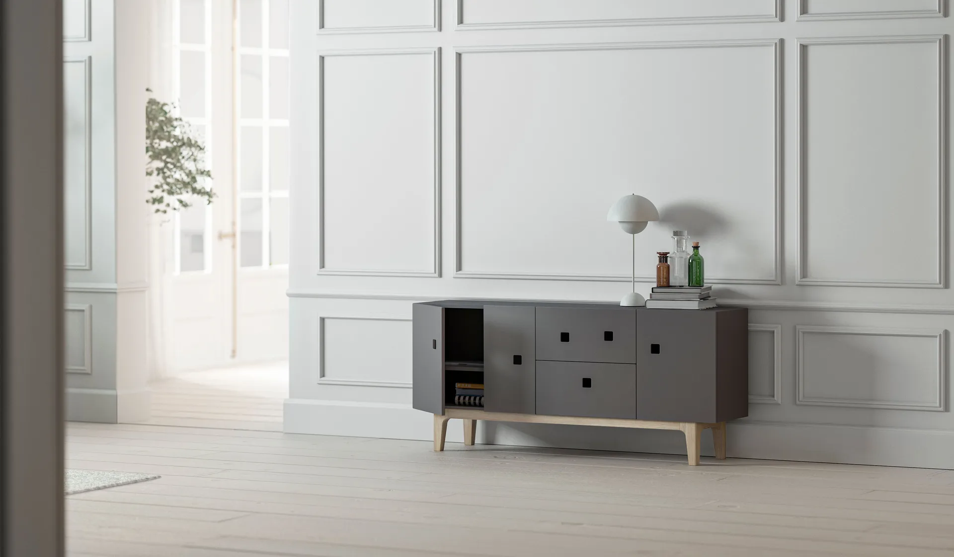 Peep M2 media bench, Slate grey. White pigmented oak Zweed