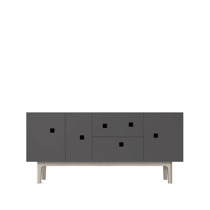 Zweed Peep M2 media bench Slate grey. White pigmented oak