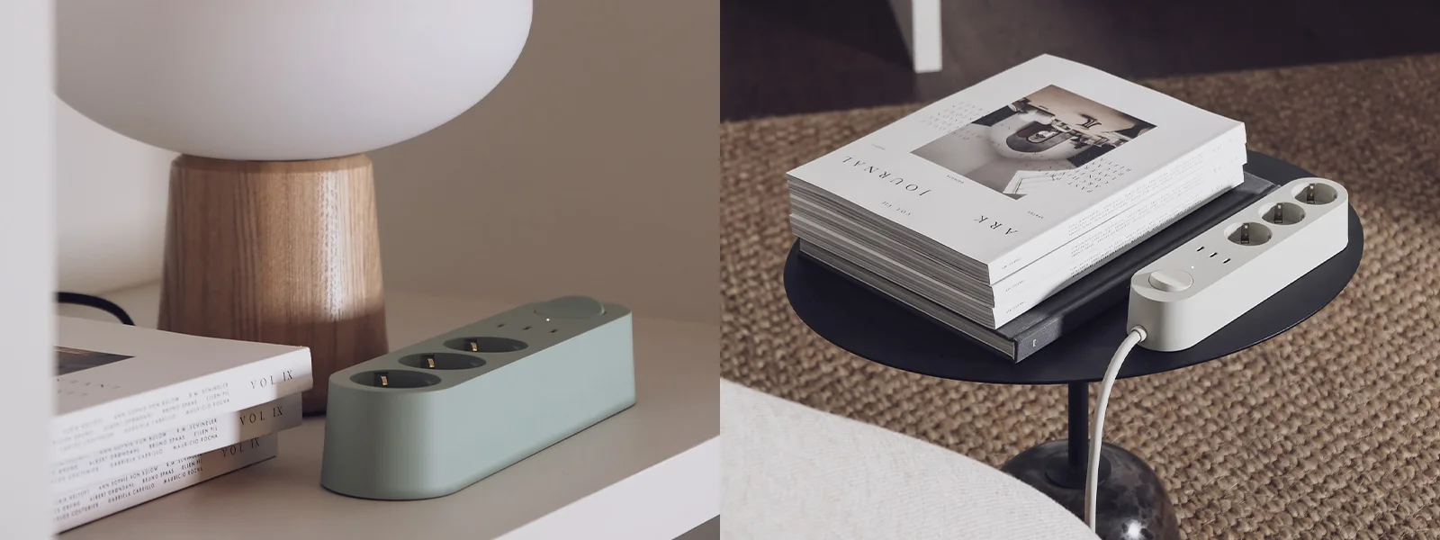 Two power strips in minimalist settings. One is light green, on a shelf with a lamp and books. The other is light grey, on a table with magazines.