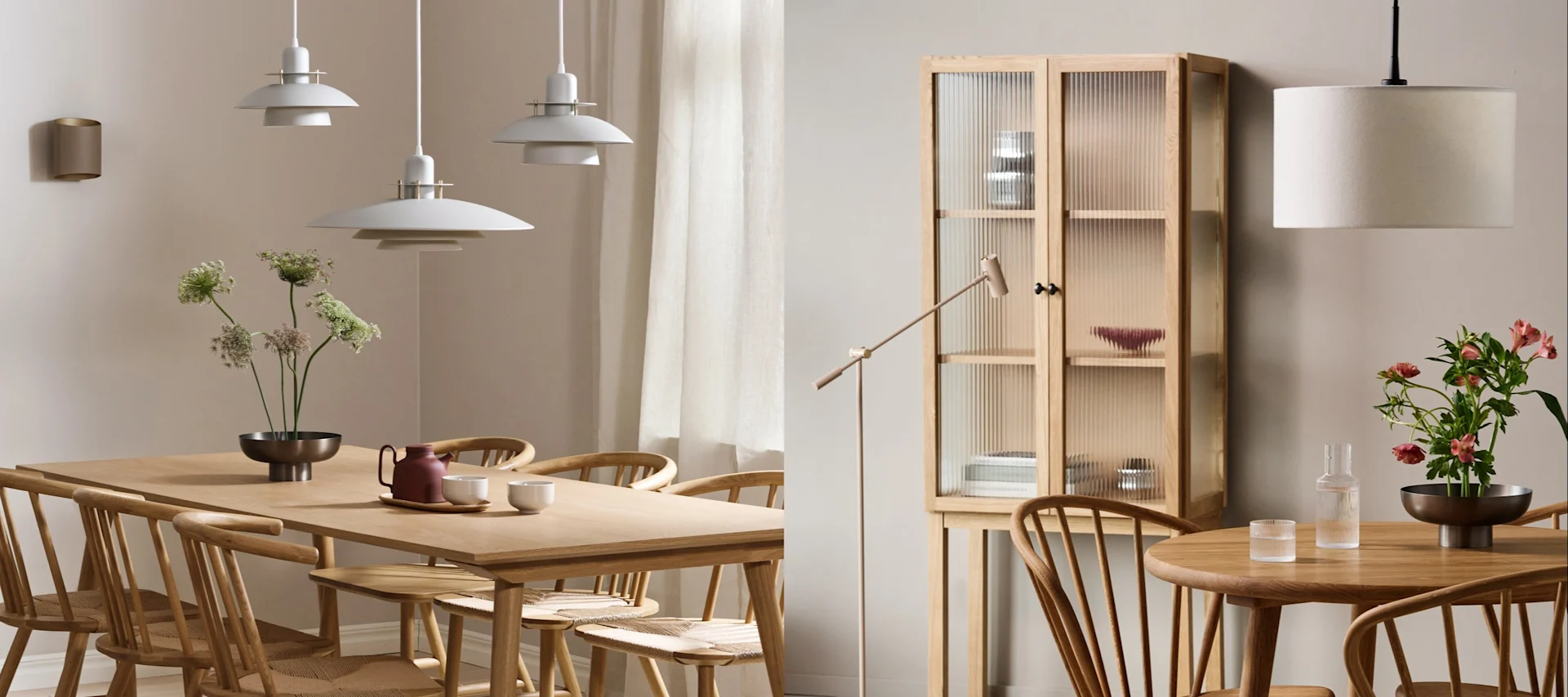 Here you see two different dining room lighting ideas in a japandi style. One with a long dining room table and a cluster of lights and the other with a round table and a round lamp.