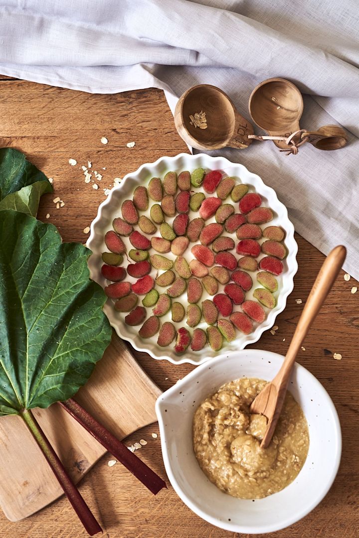 Nothing says summer better than a summer rhubarb recipe. HEre you see a rhubarb crumble in the middle of being made, 