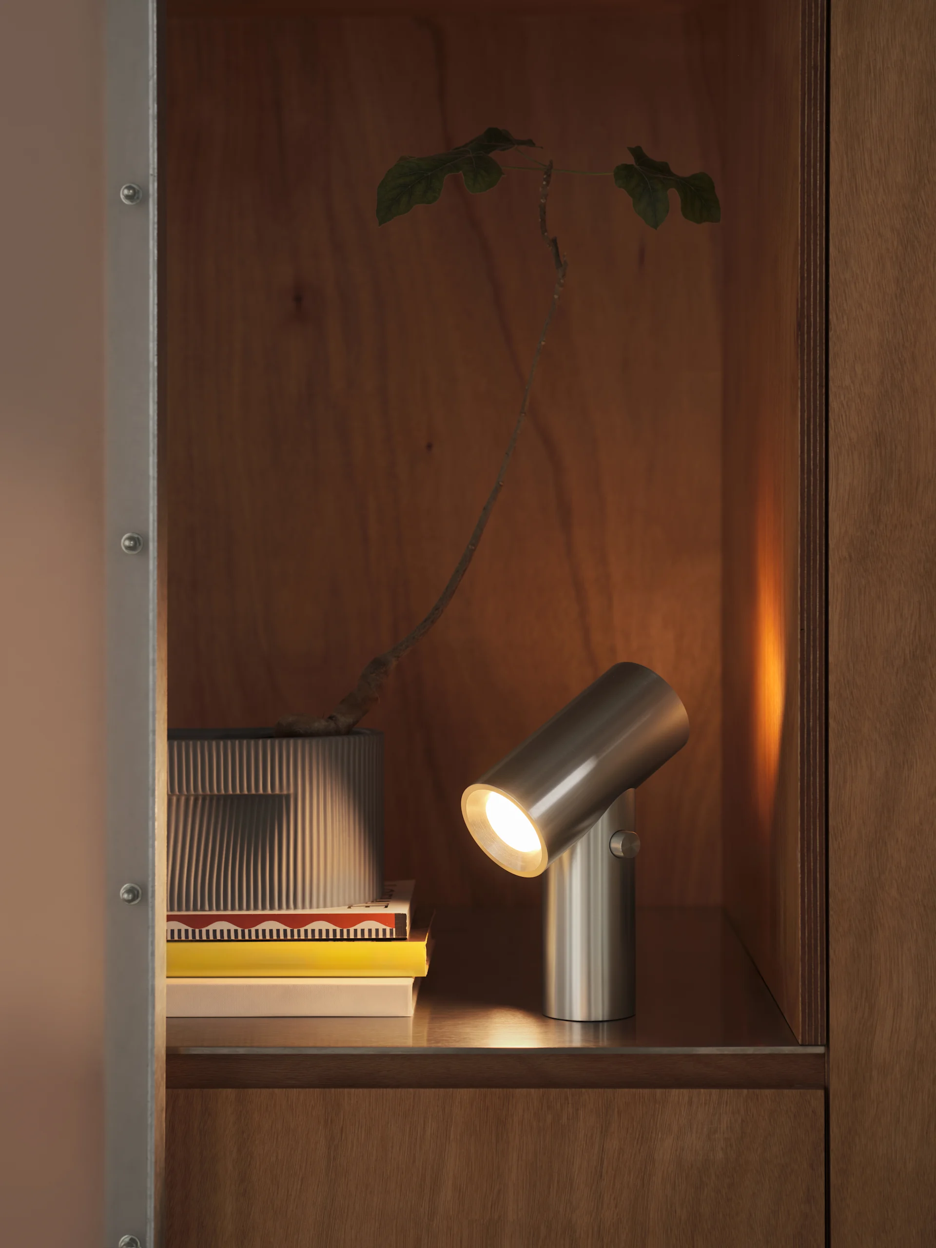 A brushed metal cylindrical lamp illuminates a stack of books and a plant in a fluted pot, inside a wooden cabinet.