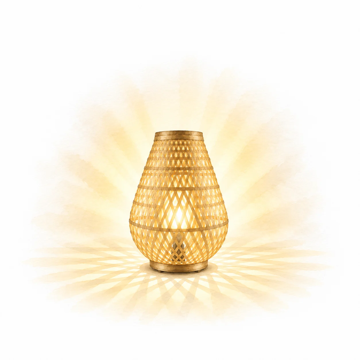 Glowing bamboo lantern with intricate weave pattern, casting warm light and shadows.