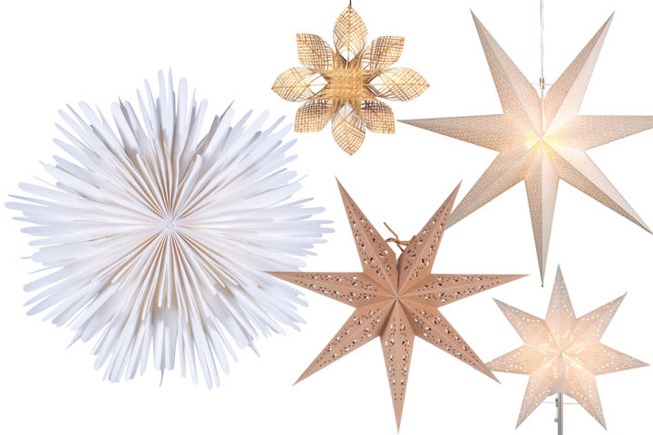 Collage with popular Advent stars 2021 in both paper and rattan.
