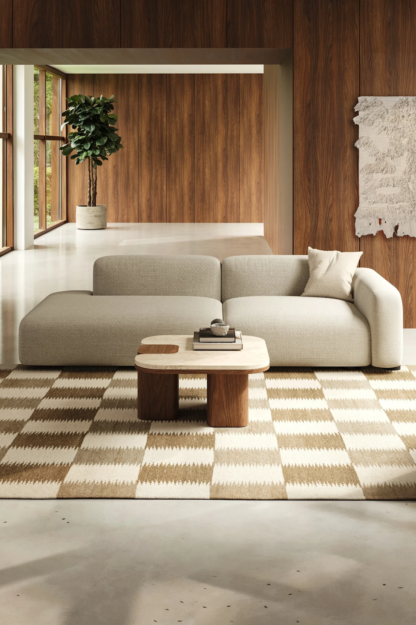 A checkered rug and a wall with wood paneling in the background highlight the interior design trends of 2026 and a retro vibe.