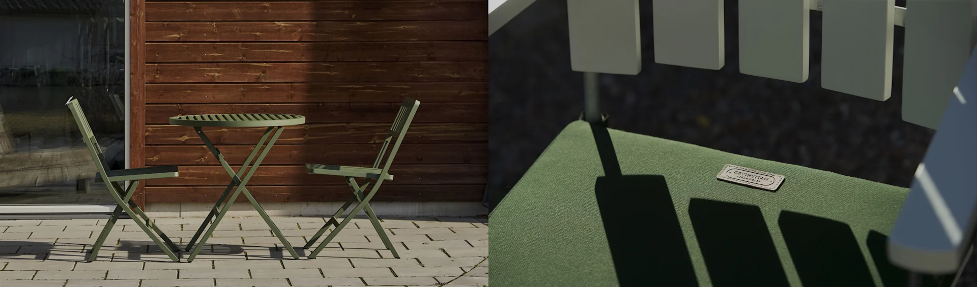 Green foldable outdoor table and two chairs on a paved patio by a wooden wall. Close-up of a chair's green fabric seat.