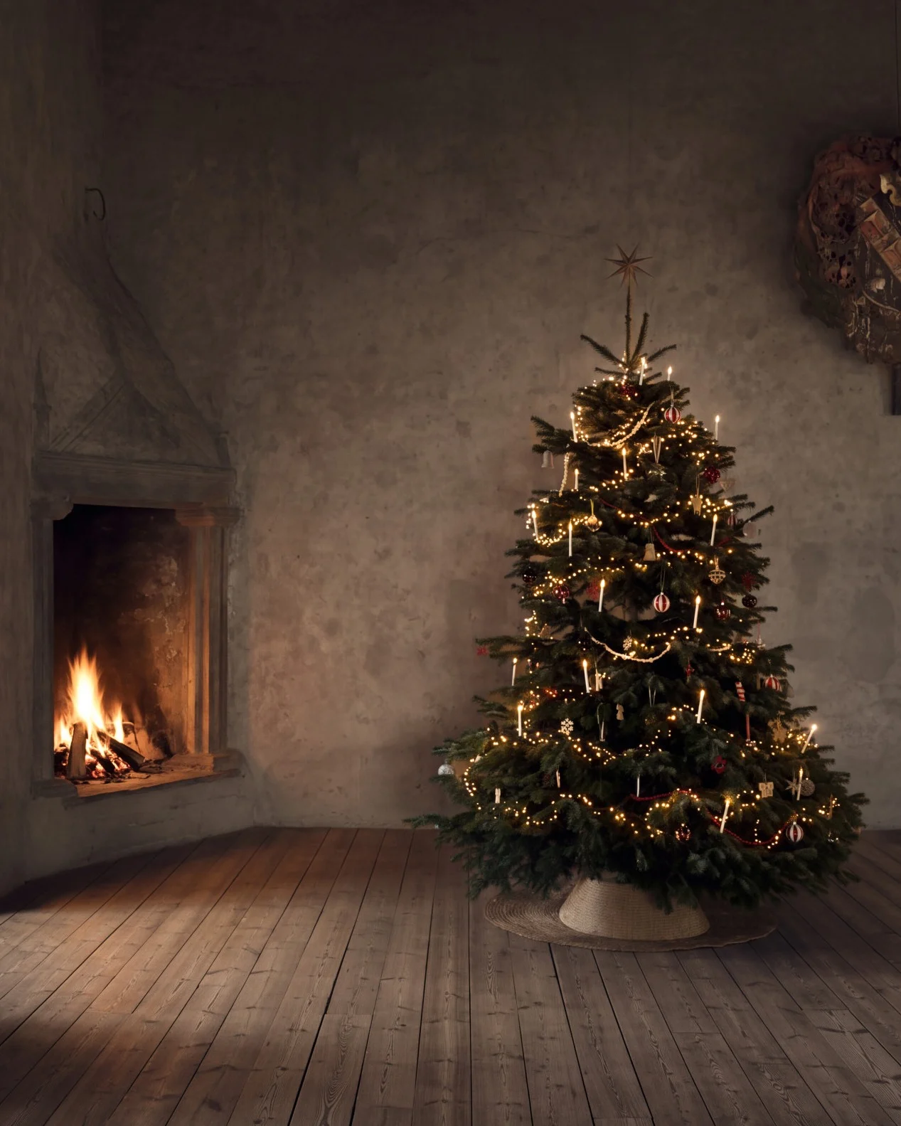 Christmas tree with lights and candles next to a lit fireplace in a rustic room.