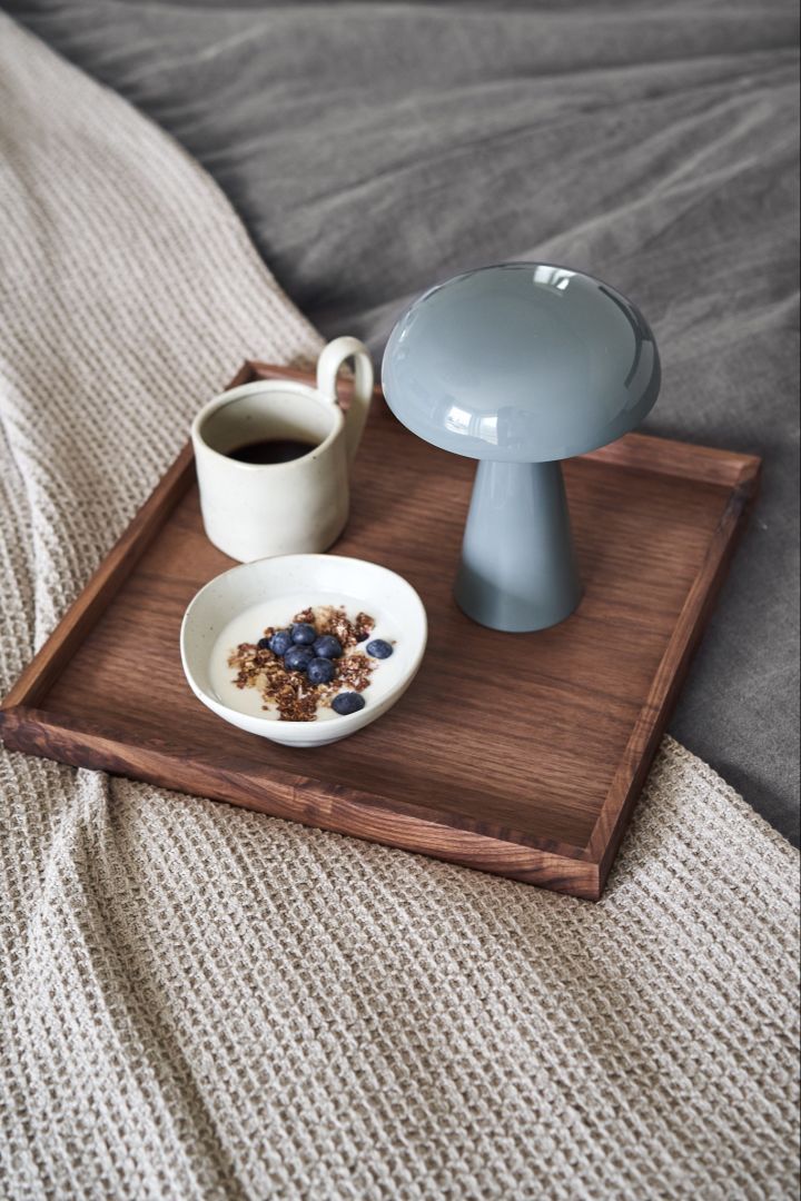 Square serving tray from AYTM is the perfect base for breakfast in bed on Valentine's Day, here filled with Sekki porcelain from Ferm Living.
