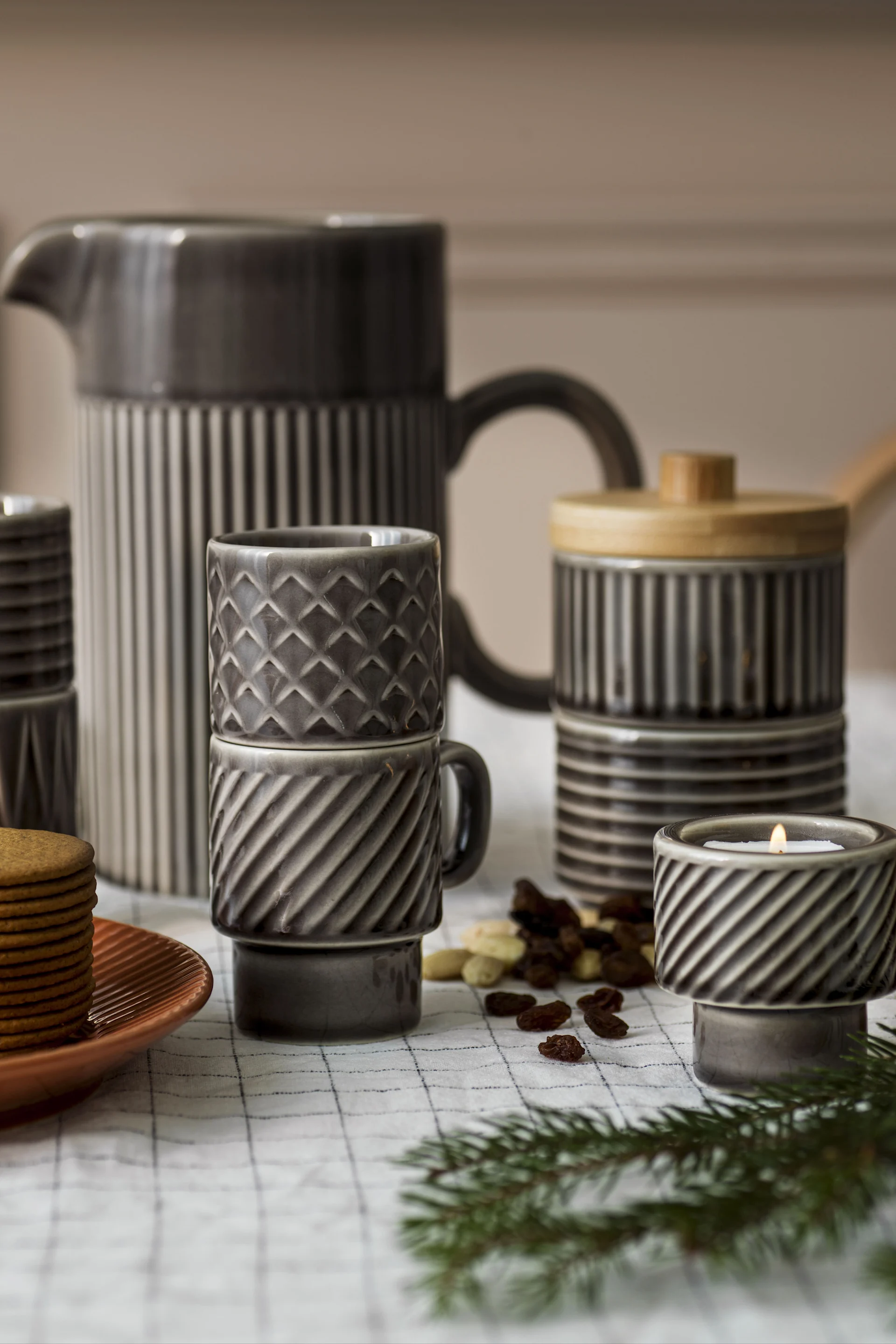 Tableware from Sagaform's grey Coffee & more collection on a table.