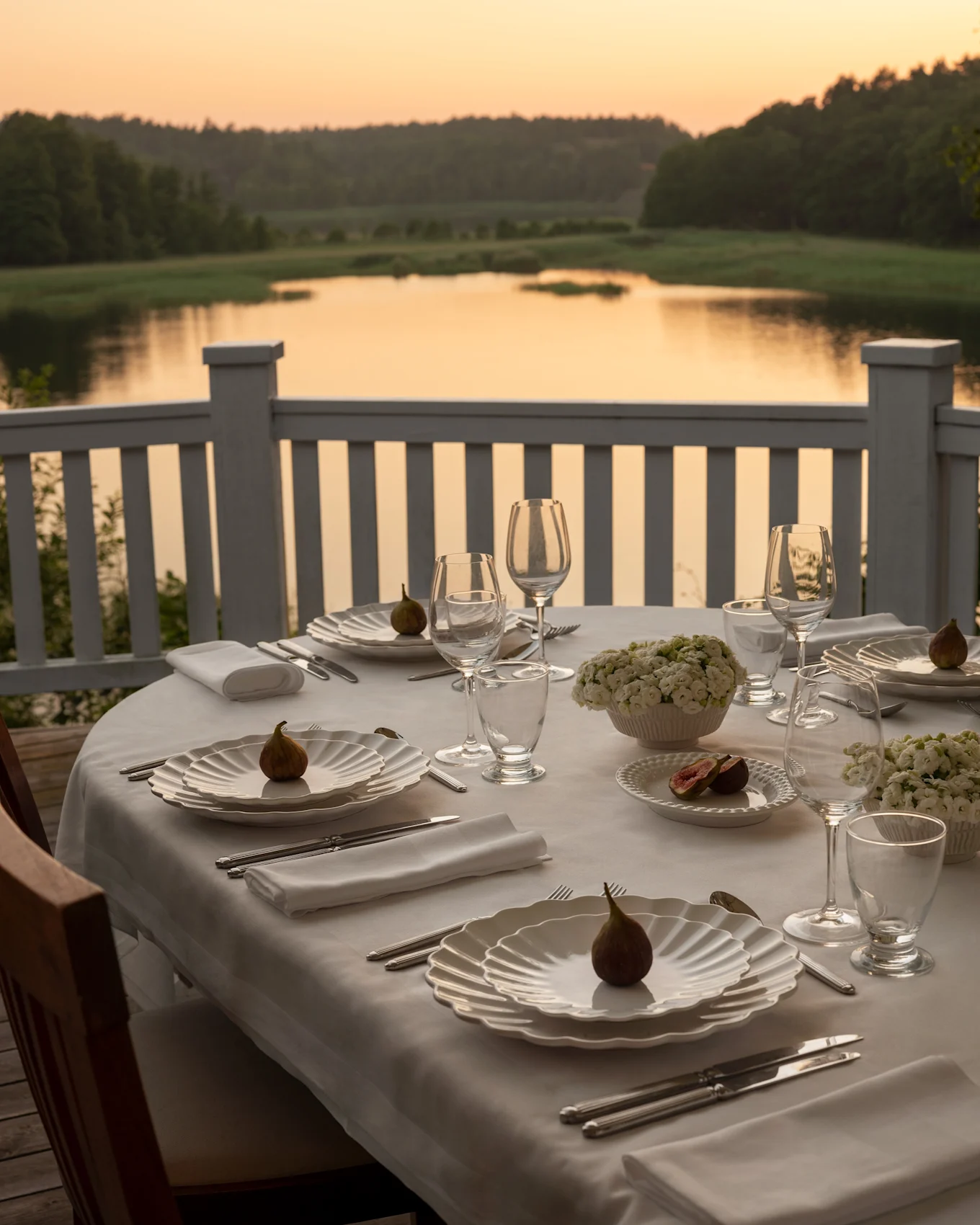 Outdoor dining table set with white scalloped plates, cutlery, figs, and flowers, overlooking a lake at sunset.
