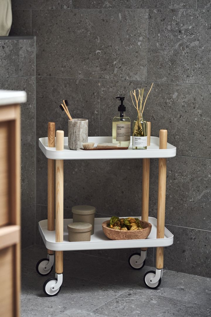 Storage ideas for small bathrooms - here you see the Block table from Normann Copenhagen, perfect for loading with items you need close to hand in your bathroom. 