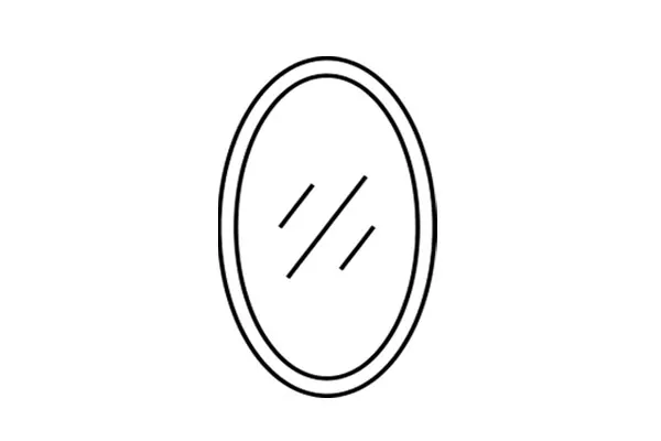 An oval mirror with diagonal lines indicating reflection.