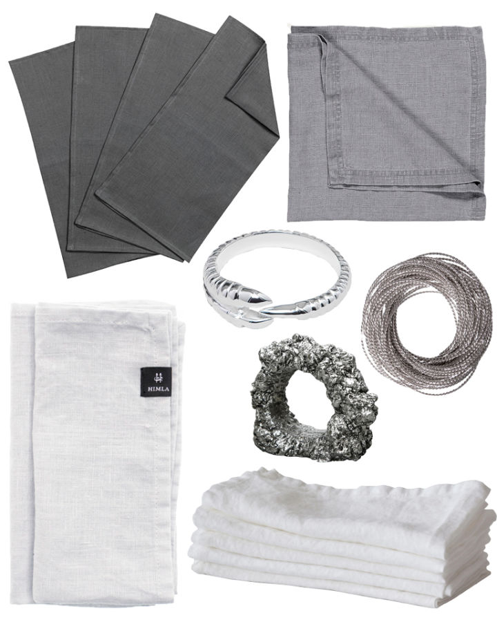 Napkin folding ideas - Linen napkins in white and grey together with napkin rings in silver, a stylish detail for a silver-themed New Year's table setting!