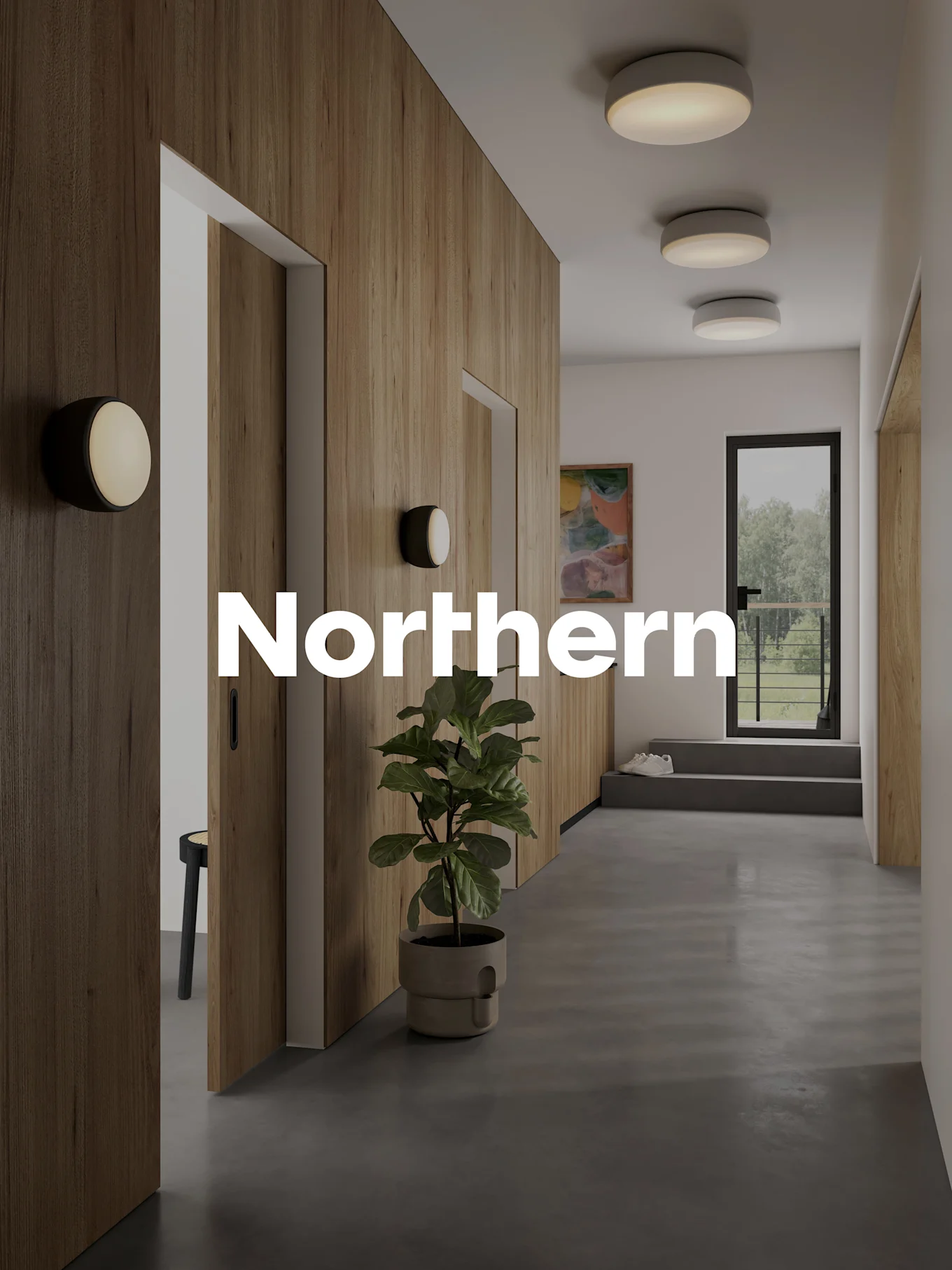 Modern hallway with wood paneled walls, concrete floor, circular lights, a potted plant, and an open door to a green outdoor view.