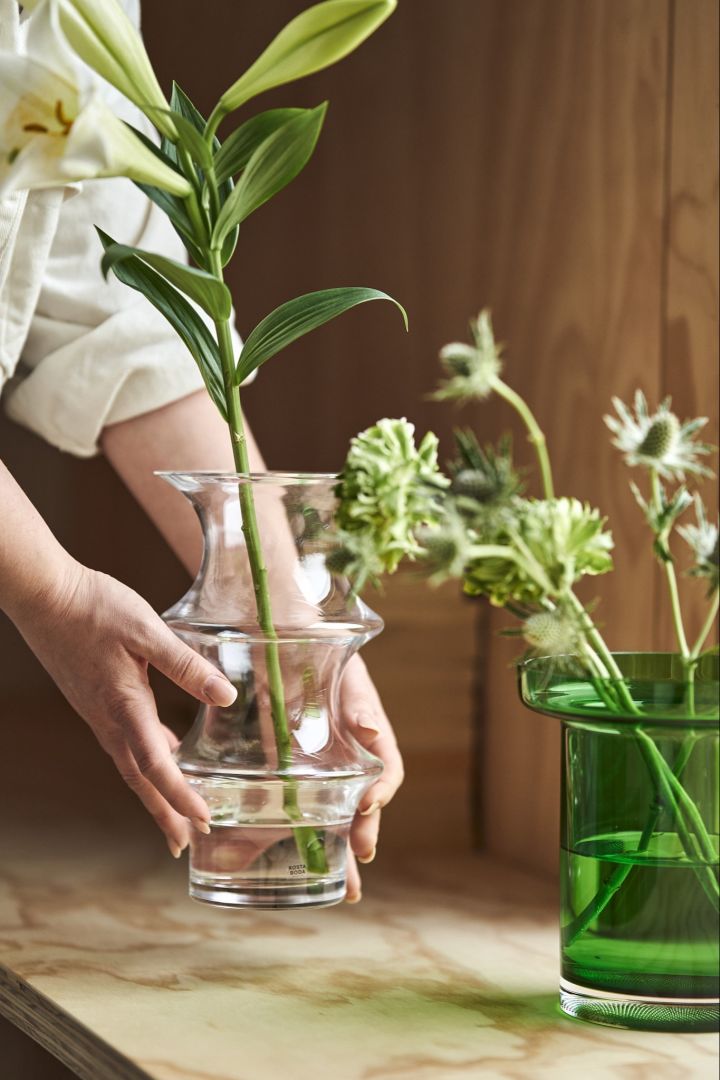 Hands place the clear Pagod vase on a plywood bench next to a green Limelight vase from Kosta Boda. 