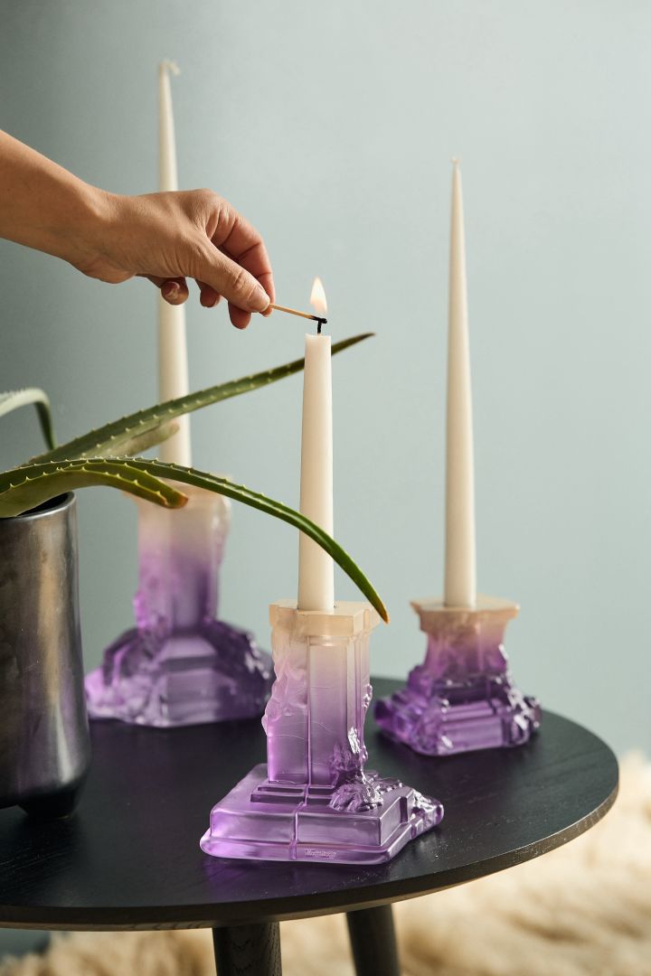 Purple candlesticks from the Rocky Baroque series from Kosta Boda.