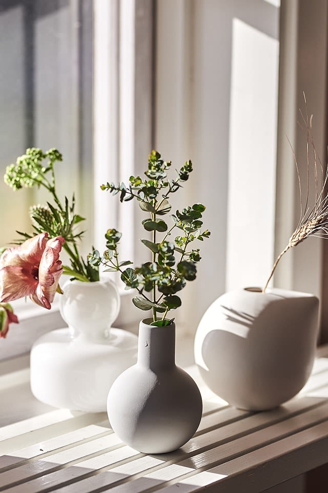 Several small vases for individual flowers or small bouquets stand on a window sill. 