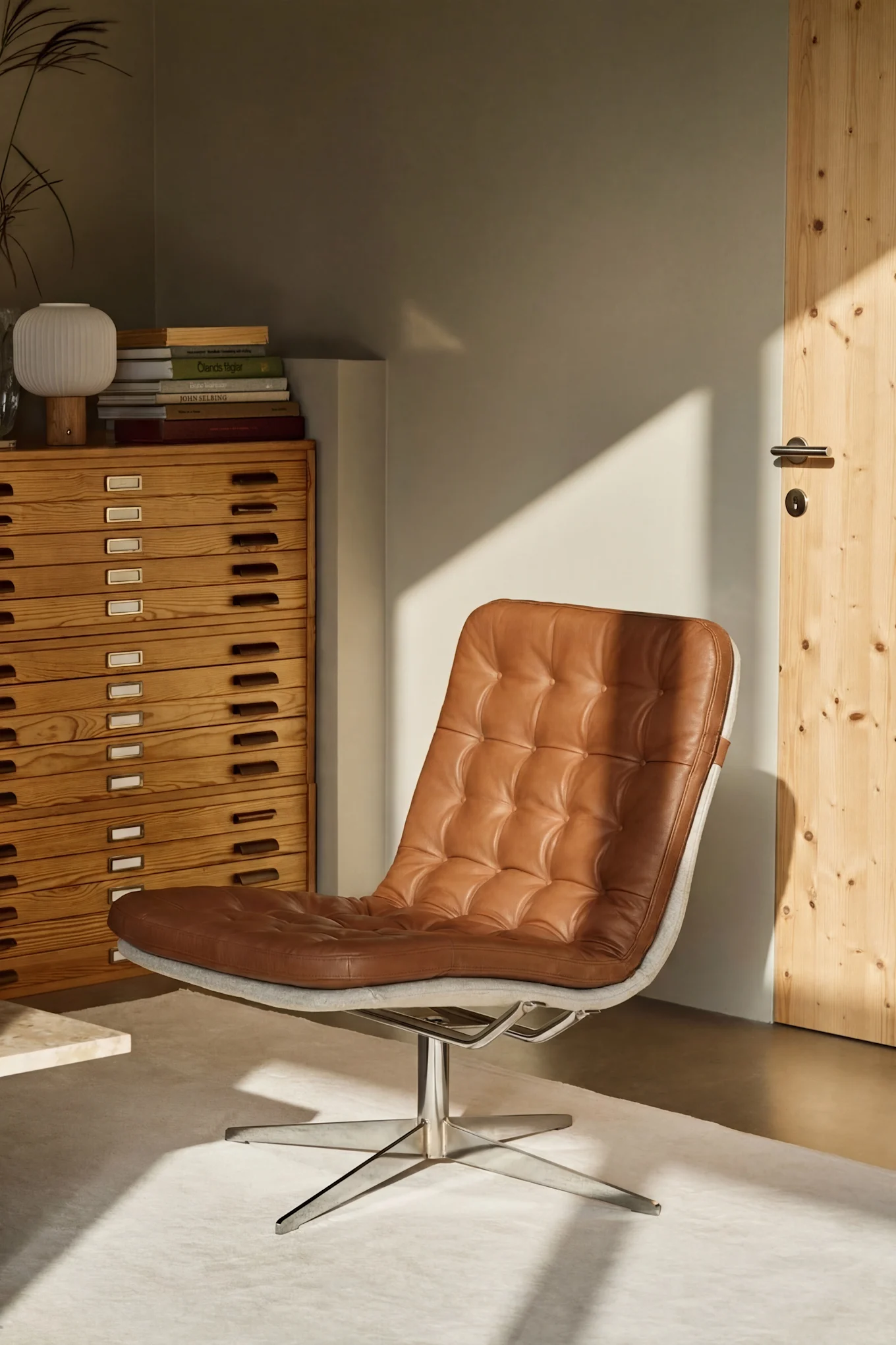 A brown leather armchair that conveys retro vibes and reflects the interior design trends of 2026.