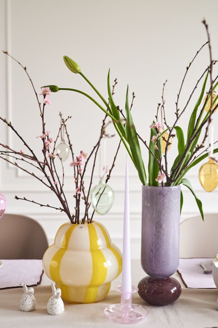 Create an Easter tree at home with colourful vases such as the Curlie vase in yellow from By On or the Dorit vase from Broste Copenhagen.