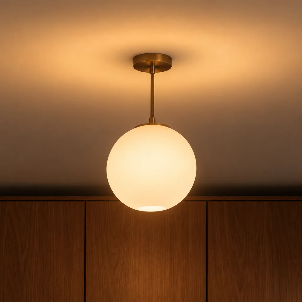 A white spherical pendant light with brass hardware, glowing warmly.