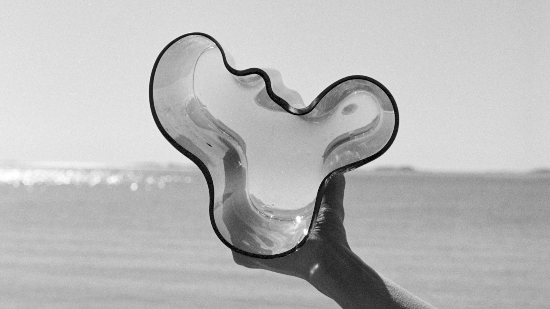 Hand holding a clear, organically shaped object with a dark rim against a bright, blurred sea.