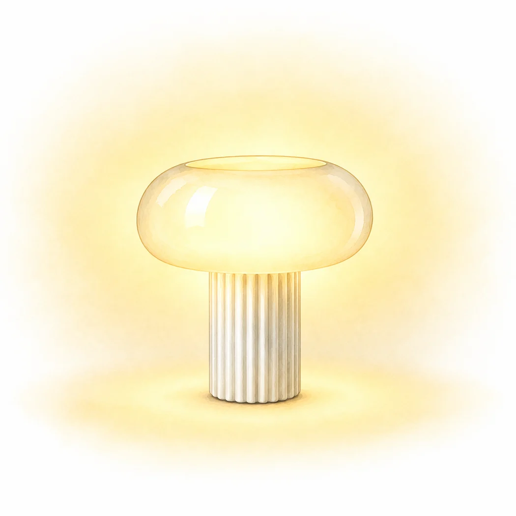 Mushroom-shaped table lamp with a glowing, translucent round top and a ribbed cylindrical base.