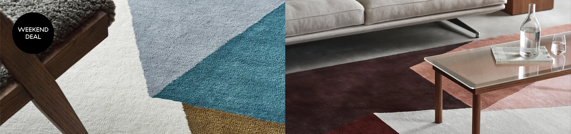 Two modern geometric rugs displayed in distinct living room settings, one with a 'Weekend Deal' label.