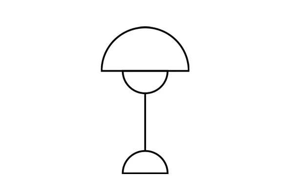 Line drawing of a table lamp with a dome-shaped shade and base.