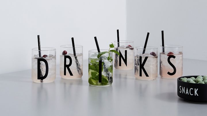 Design Letters glasses in typography from Arne Jacobsen - a iconic design for Danish Design. 