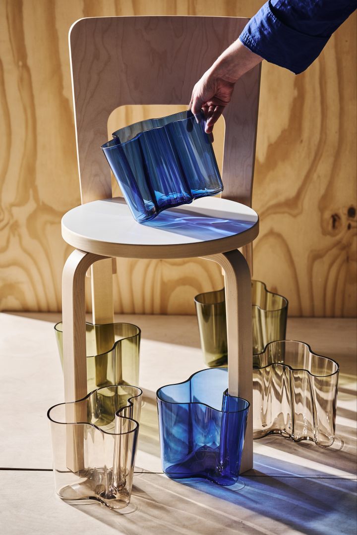 A hand places a blue Aalto vase on a wooden chair surrounded by more Aalto vase in various colours. 