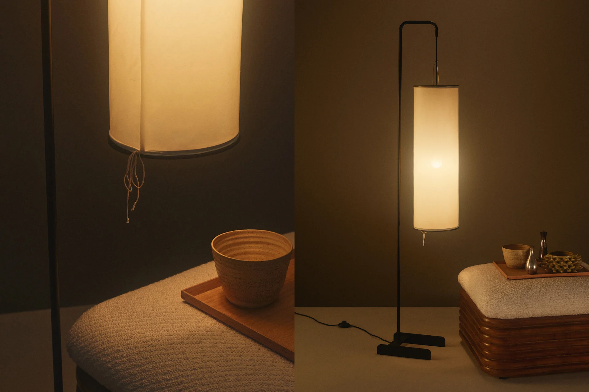Two warm-lit floor lamps with fabric shades, alongside a textured ottoman with wooden trays holding decorative bowls.
