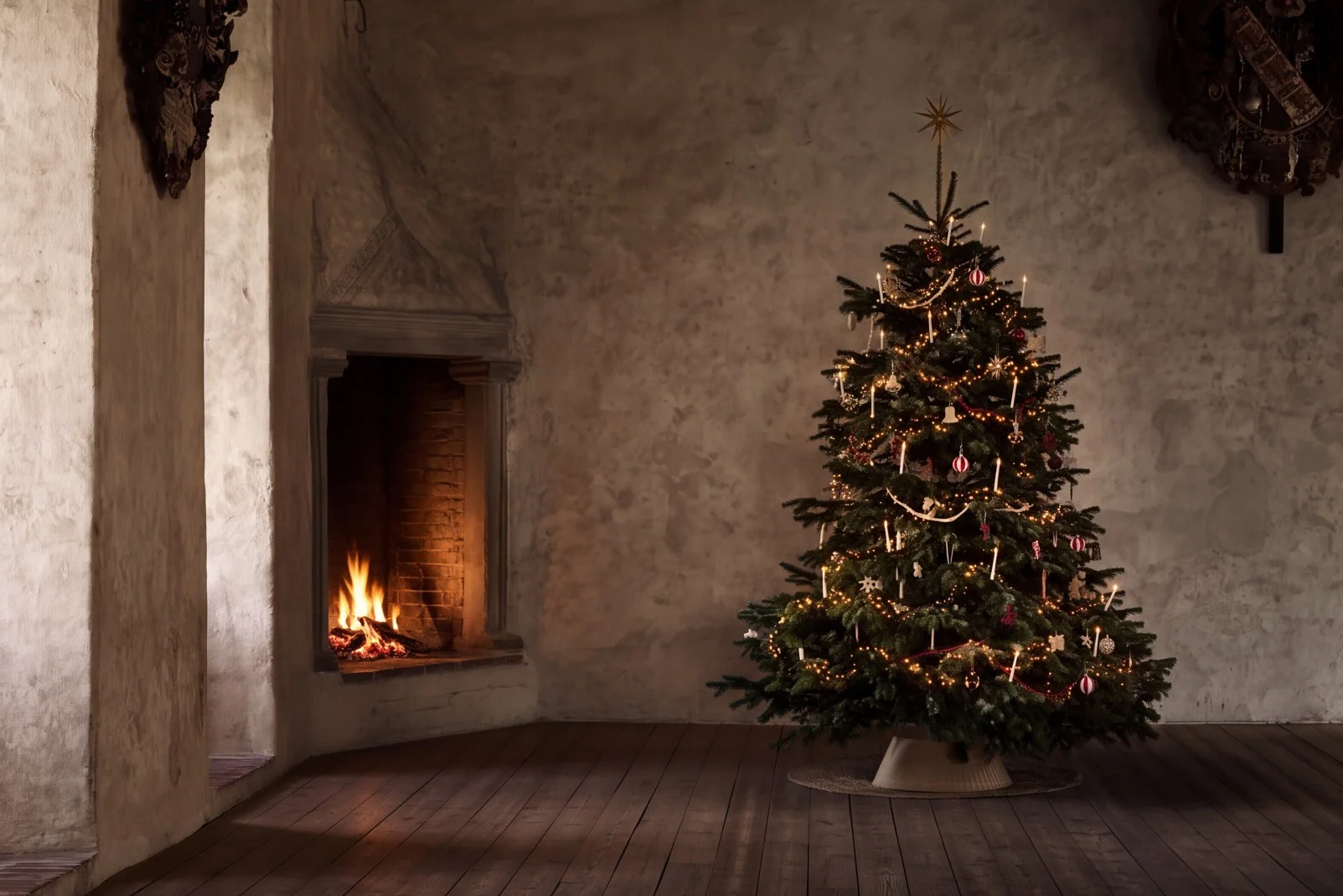 A decorated Christmas tree with lit candles and ornaments in a rustic room with a burning fireplace and wooden floors.