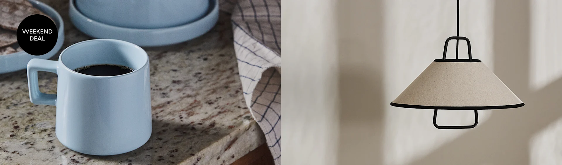 A light blue coffee mug and a hanging pendant light with a conical beige fabric shade, promoting a weekend deal.