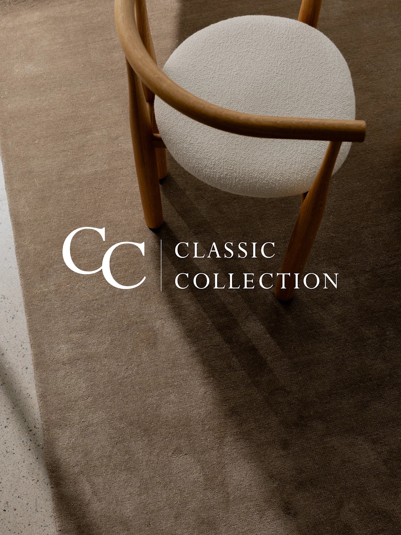 A light brown textured rug with a wooden chair and a white, fuzzy seat. Text: 'CC Classic Collection'.