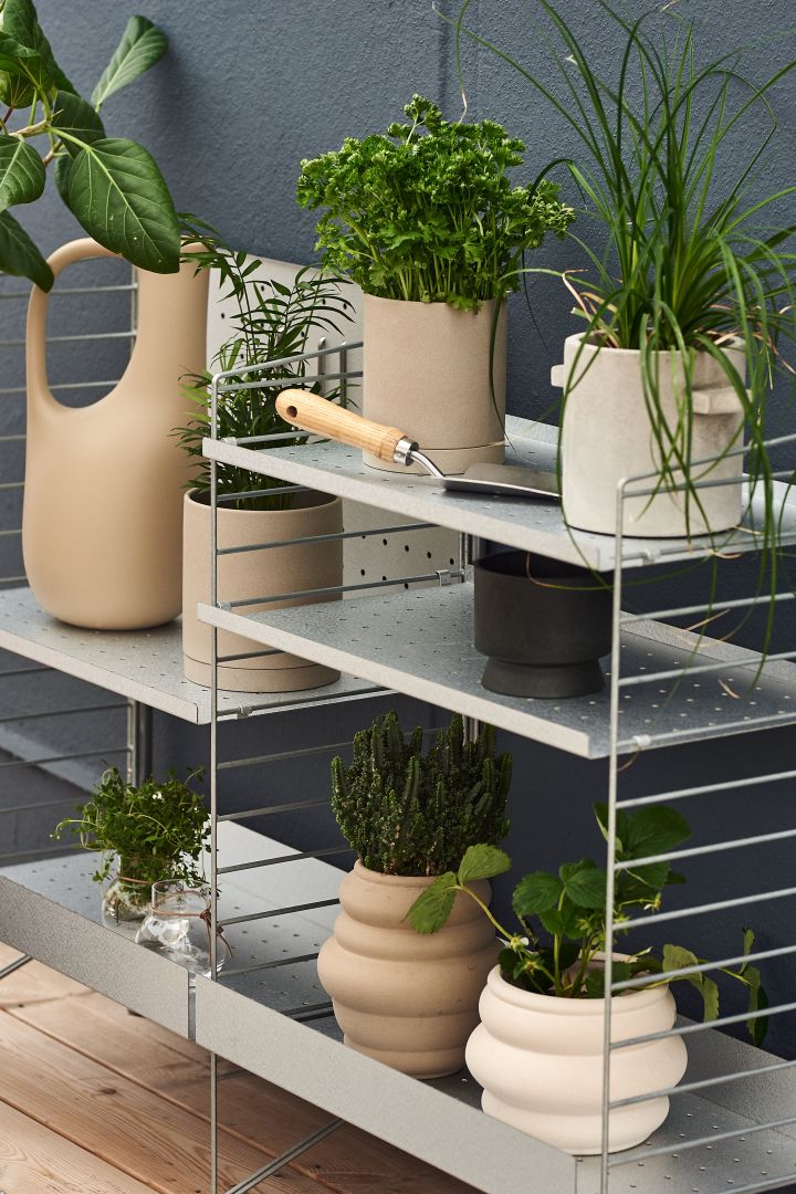 Decorate your balcony with pots and green plants. Place them on the string pocket shelf like here for a lovely display.