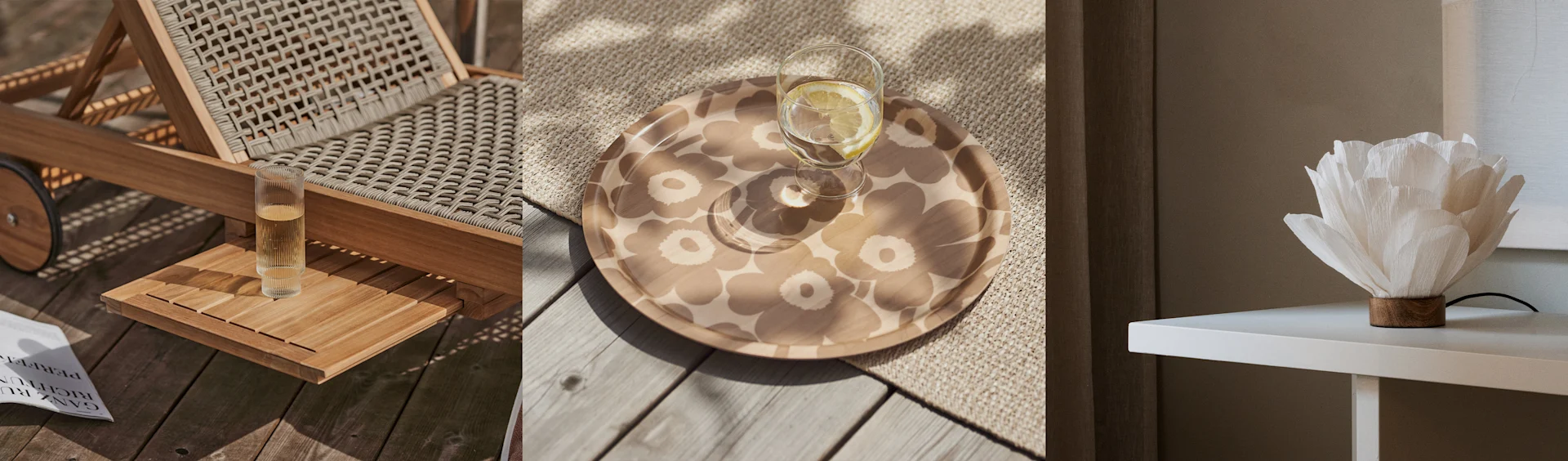 Three vertical panels. Left: A woven lounge chair, glass, and magazine on a wooden deck. Center: Floral tray with a drink. Right: White flower-shaped lamp.