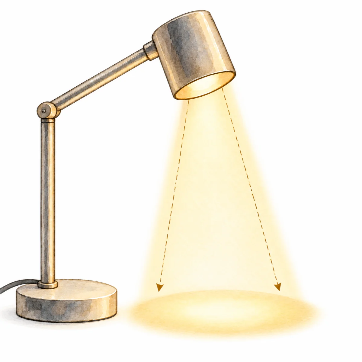 A watercolor painting of a lit desk lamp shining an oval beam of light onto a surface.